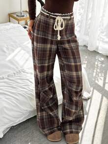 SHEIN EZwear Women's Fall Autumn And Winter Clothing Retro Casual Home Leisure Brown Kaluli Brushed Plaid Retro Lace Stitching Brown Plaid Pleated Pants - Brown - View 2
