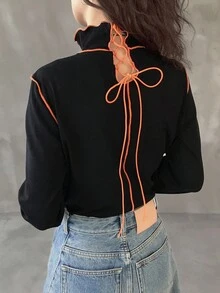 FRIFUL 女式黑色纯色高领长袖撞色滚边后颈抽绳镂空设计修身休闲百搭 T 恤，秋冬 - 黑色 - 查看 4