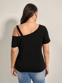 Comfylo Plus Size Summer Casual Solid Color Asymmetric Collar Ruched T-Shirt Business Casual Fall Clothes Plus Size Business Casual Fall Clothes Plus Size - Black - View 3
