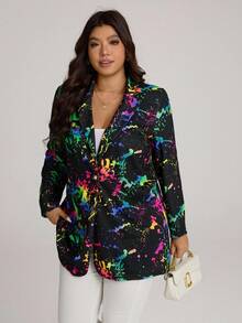 Comfylo Plus Splash Ink Print Single Button Blazer Fall Women Clothes Fall Clothes Plus Size Fall Outfits For Women  Fall Outfits Women Autumn - Multicolor - View 5