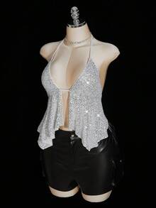 SHEIN ICON Top halter con cuello de lentejuelas y bajo asimétrico sexy, talla grande, top de fiesta con cuello halter de lentejuelas, estilo Y2K - Plateado - Ver 4