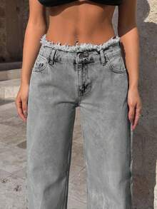 EURMUSE 100%Cotton Rigid, Belt Detailed Wideleg Fit - Grey - View 4