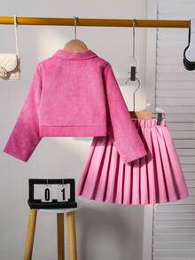 Elladie kids Girls'Fashion Light Pink Corduroy Jacket + Pleated Leather Skirt Set,Back-To-School Autumn Career Day Outfit For 4-7 Years Old,Solid Long Sleeve,Gift - Pink - View 2