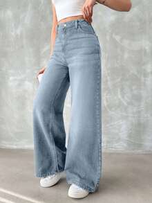 EURMUSE Jeans de cintura alta y pierna ancha para mujer 100% algodón con bolsillos en diagonal - Celeste - Ver 6