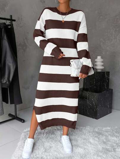 EURMUSE Minimalistisk klänning med rund hals och lång ärm i kontrastfärg för vardagsbruk för kvinnor