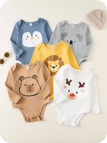 SHEIN 5件套新生儿男女通用可爱休闲针织圣诞鹿卡通图案长袖连体衣，婴儿冬季服装，我的第一个圣诞节 - 彩色 - 查看 3