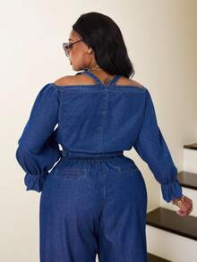 Slaydiva Plus Size Women's Button Front Crop Denim Top, Casual Fairycore Cowgirl For Summer Vacation - Dark Wash - View 2