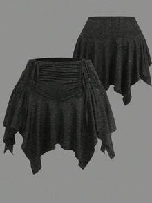 Sweetra 加大码弹性腰部前抽绳不对称下摆短裙短裤 - 深灰色 - 查看 1