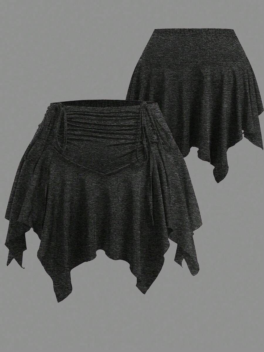 Sweetra 加大码弹性腰部前抽绳不对称下摆短裙短裤 - 深灰色 - 查看 1