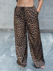 Andrea Bello Casual Street Leopard Print Loose Straight Wide Leg Pants, Tall Women - Multicolor - View 3