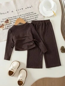 SHEIN Baby Girls Casual Versatile Solid Color Knit Long Sleeve T-Shirt Set Fall Winter