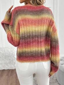 EMERY ROSE Gradient Dropped Shoulder Ribbed Knit Casual Cardigan, Blended Mohair Yarn Fall Winter Cloth For Women, Christmas