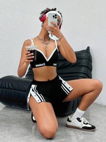 Coolane 女士夏季运动装酒吧上衣和毛衣短裤外出运动套装 - 黑色 - 查看 2