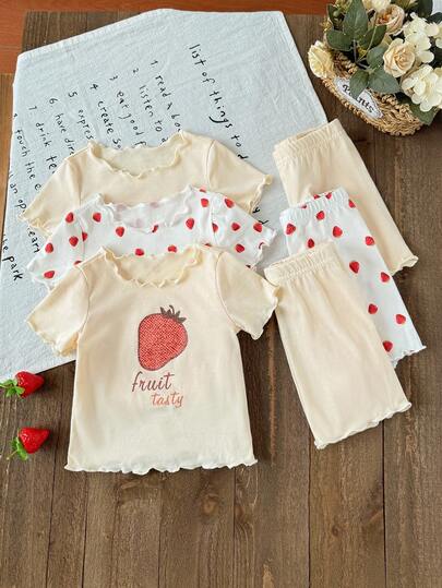 SHEIN LMoss Kids Baby Girl Cute Strawberry Pattern Ruffle Trim Round Neck Short Sleeve Shorts Soft Knit Pajama Set, 6pcs Summer