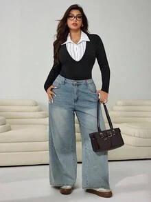 SHEIN PETITE CURVE Plus Size Black Turtleneck Long Sleeve Bodysuit - Black - View 5