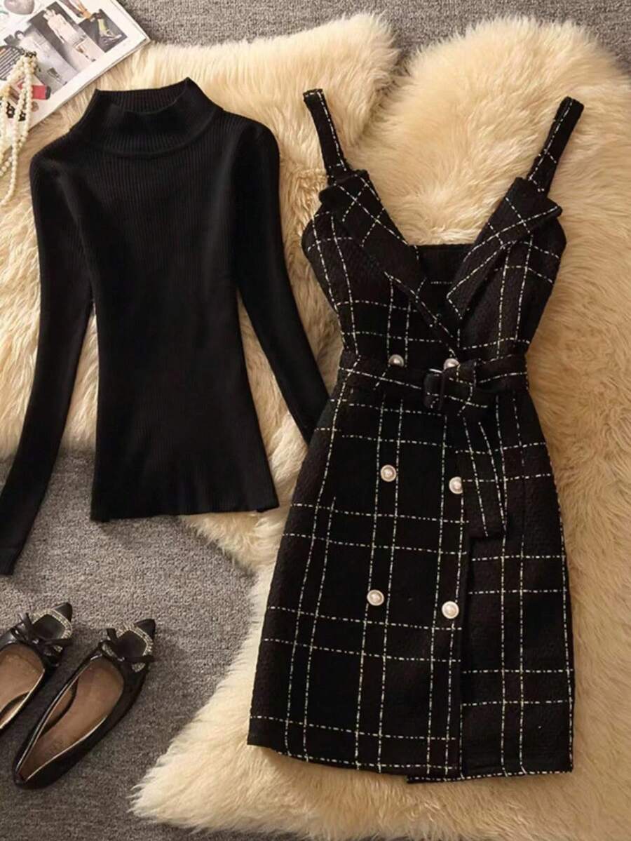 Elenzga 女士优雅通勤格子双排扣吊带迷你连衣裙 - 黑色 - 查看 1