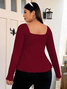 Vionelle Plus Size Women Diamond V-Neck Front Drawstring Rib Knit Long Sleeve T-Shirt, For Thanksgiving Fall Cloth For Women - Burgundy - View 2