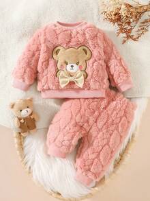 SHEIN 2pcs Baby Clothes Set, Cute Bear Head Pattern Sweatshirt And Fuzzy Long Pants, Sweet And Adorable, Autumn/Winter Fall - Pink - View 6
