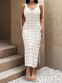 SHEIN Cottnline Summer Beach Casual Solid Color Side Split Knit Coverup Dress - White - View 7