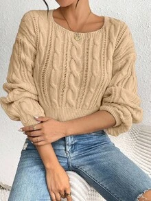 Chiquease 女式纯色简约长袖圆领毛衣 - 卡其色 - 查看 4