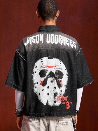Friday the 13th X ROMWE Men's Letter And Mask Printed Washed Raw Edge Flap Pocket Denim Shirt