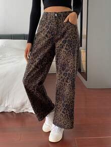 DAZY Jeans a vita alta a gamba larga con stampa leopardata in stile retrò americano, pantaloni a gamba dritta snellenti a lunghezza pavimento per donne, autunno/inverno - Castano - Visualizzare 4