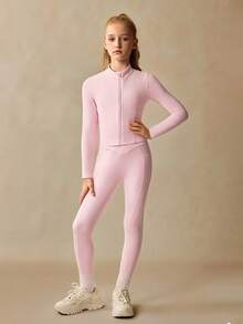 Sparklyn 青少年女孩粉色长袖拉链夹克和交叉腰带紧身裤瑜伽套装、运动服 - 粉色 - 查看 4