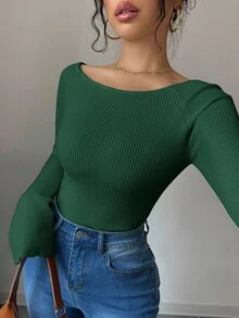 Elenzga 1pc Off-Shoulder Flare Sleeve Fitted Women Sweater, Christmas - Dark Green - View 6