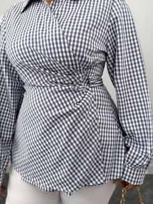 Elenzga Chemise à manches longues à carreaux bleus et blancs de style minimaliste pour femmes grandes tailles - Bleu azur - Voir 6