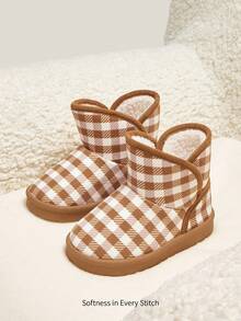 Cozy Pixies 1双女婴米色格子平底短靴，舒适保暖内衬，休闲雪地靴，适合冬季日常穿着及户外活动 - 米色 - 查看 2