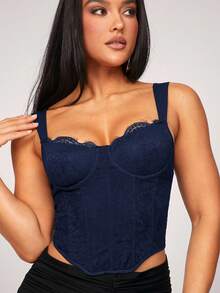 Silquee 女士百搭紧身拼接蕾丝文胸华丽上衣，弧形下摆花卉蕾丝紧身胸衣上衣，适合春假、海滩度假、夜间外出、聚会、海滩派对、泳池派对、假日、休闲派对、小屋度假、日常穿着 - 藏蓝色 - 查看 4