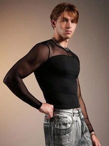 FeverCity Camiseta de manga larga con cuello redondo, de malla y parches, de moda y sexy para hombres, para el otoño - Negro - Ver 5