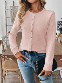 Franclia Women's Solid Color Minimalist Everyday Knit Cardigan - Dusty Pink - View 3