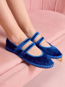 CUCCOO DOLLMOD Women's Navy Blue Elegant Velvet Classic Comfortable Velvet Parallel Double Strap Mary Jane Flat Shoes - Royal Blue - View 4