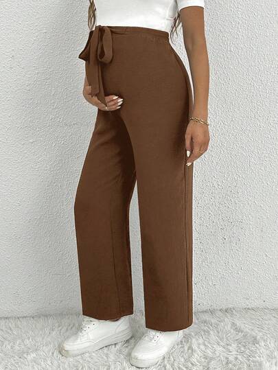SHEIN Maternity Casual Solid Color Knotted Waist Wide Leg Loose Pants Brown Pants Wide Leg Pants Bow Pants Women Wide Leg Pants