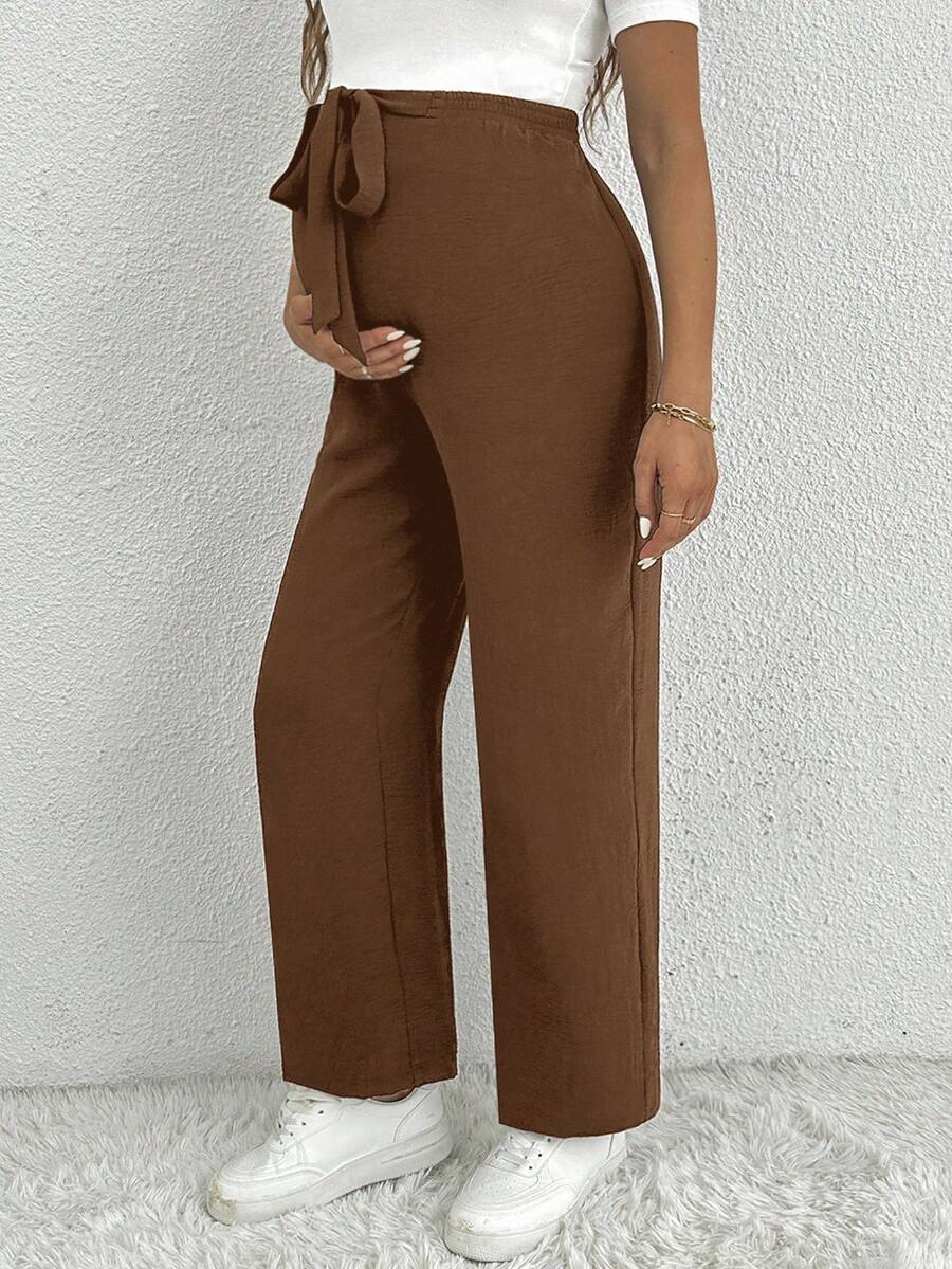 SHEIN Maternity Casual Solid Color Knotted Waist Wide Leg Loose Pants Brown Pants Wide Leg Pants Bow Pants Women Wide Leg Pants