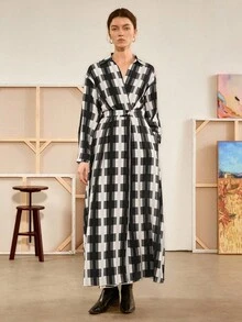 Chiquease Abito casual lungo a quadri classico nero, bianco e grigio con colletto alla coreana, design in vita e spalle scoperte, per donna, adatto per primavera/autunno - Multicolore - Visualizzare 6