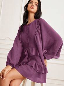 EMERY ROSE Women's Autumn/Winter New Lantern Sleeve Solid Coffee Color Loose Round Neck Versatile Button Layered Ruffle Hem Long Sleeve Flowy Mini Dress - Purple - View 5