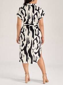 Comfylo Vestido casual de talla grande con estampado y dobladillo asimétrico con nudo para mujer