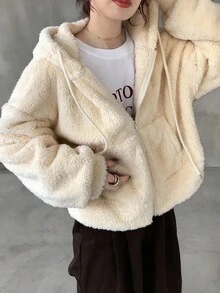 FRIFUL 女士米色纯色连帽抽绳落肩长袖羊羔绒宽松休闲百搭抓绒卫衣，秋季外套，冬季