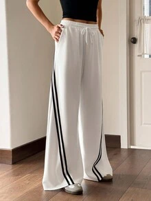 Jouncy Women's Contrast Stripe Elastic Waist Loose Casual Sweatpants, Versatile For Summer - White - View 2