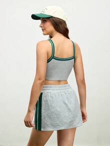 Cheerettes 女士撞色镶边超短吊带背心和迷你裙短裤运动套装 - 灰色 - 查看 2