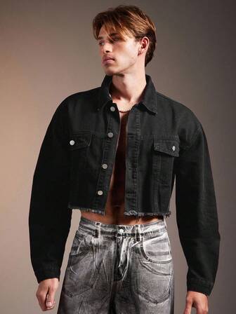 FeverCity 男士黑色长袖夹克，时尚翻领短款外套，秋季款