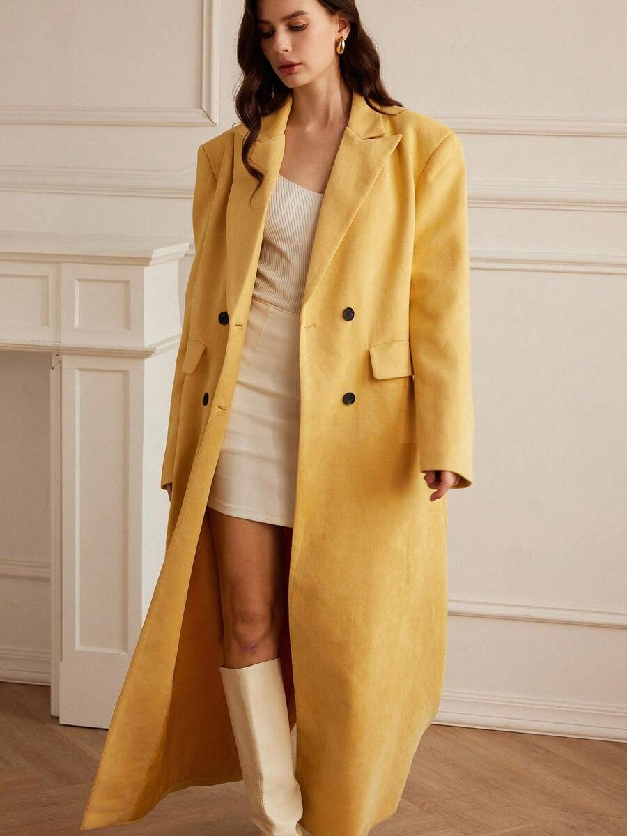 Chiquease 宽肩绒面革翻领长款双排扣通勤优雅夹克，适合秋季派对 - 黃色 - 查看 1