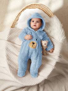 Cozy Pixies 新生男宝宝卡通熊耳朵连帽加厚长袖连脚哈衣 - 藍色 - 查看 4