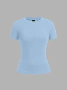 SHEIN EZwear 2 件套休闲简约粉色和蓝色基本款圆领短袖汗衫，适合春夏季 - 彩色 - 查看 3