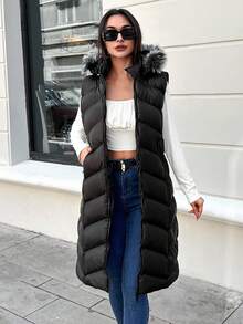 EURMUSE Fuzzy Trim Hooded Puffer Vest Coat - Black - View 4