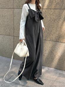 FRIFUL Combinaison gris foncé unicolore pour femmes avec décoration de nœud à l'avant, jambe droite, combinaison longue polyvalente et décontractée, automne - Gris - Voir 3