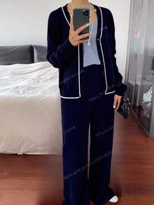DAZY Conjunto de 2 piezas de punto con top de manga larga con ribete de contraste y pantalones de unicolor, para otoño - Azul Marino - Ver 6