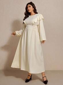 Elaquor Plus Size Casual Solid Color Ruffle Hem Dress Plus Size Church Dress Plus Size Modest Dress Curve Elegant Dress Plus Size Cream Dress Dress Modest Plus Size Cream Ruffle Dress Cream Dress Plus Size